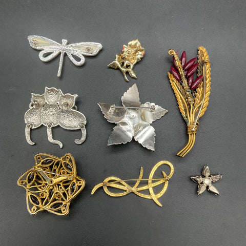 Vintage Costume Jewelry Brooch Lot 8pc Floral Animal Rhinestone Enamel 0.28lb