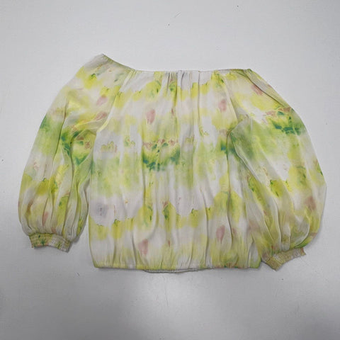 Alice & Olivia Women's Yellow Green Tie Dye Puff Sleeve Blouse Sz S