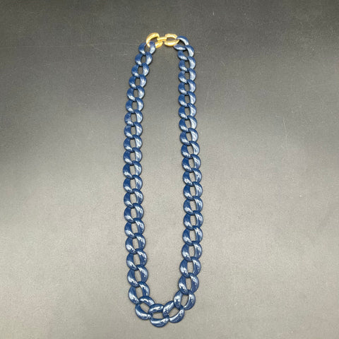Vintage Napier Blue Enamel Link Necklace Gold Tone Chunky Curb Chain 24"