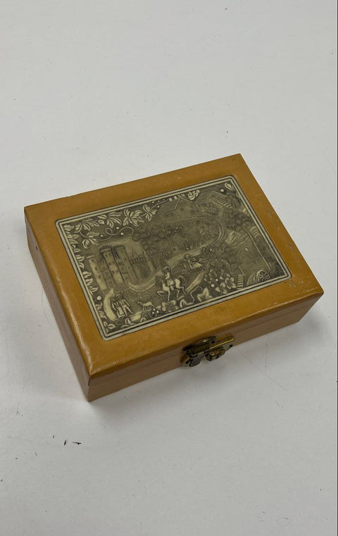 Vintage Mid-Century Medieval Scene Jewelry Box Two Tier with Key Faux Leather