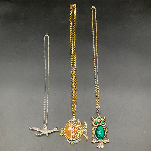 Vintage Animal Pendant Necklaces Lot 3pc Owl Fish Roadrunner Costume Jewelry