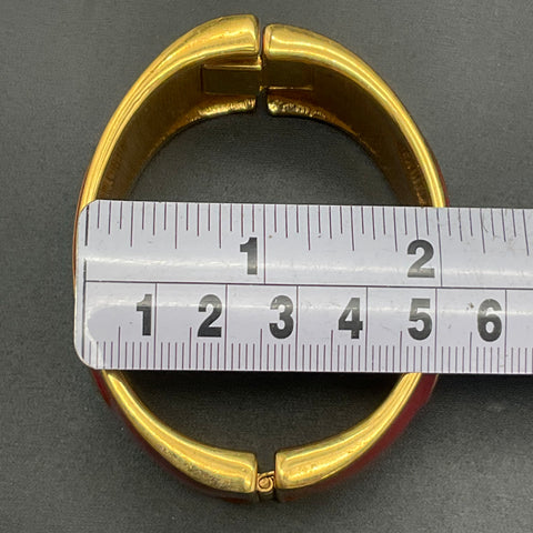 Vintage Monet Gold Tone Red Black Enamel Chunky Hinged Bangle Bracelet