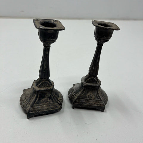 Antique Pair Victorian Cast Metal Candlestick Holders Renaissance Gothic Revival
