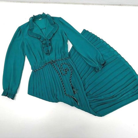 Vintage 70s Women's Teal Pleated Maxi Dress Ruffle Collar Long Sleeve Belted