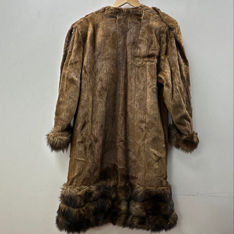 Vintage Women's Brown Genuine Fur Long Coat Paisley Lining Fur Trimmed