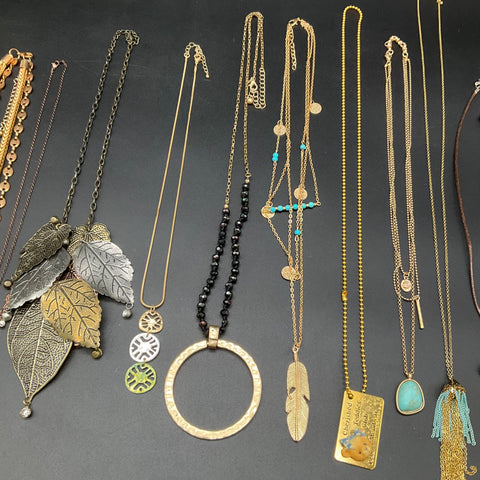 Mixed Costume Jewelry Necklace Lot 12 Boho Leaf Tassel Cherished Teddies 1998