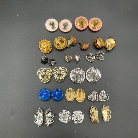 16 Pairs Vintage Clip On Earrings Lot Mixed Style Rhinestone Faux Pearl Retro