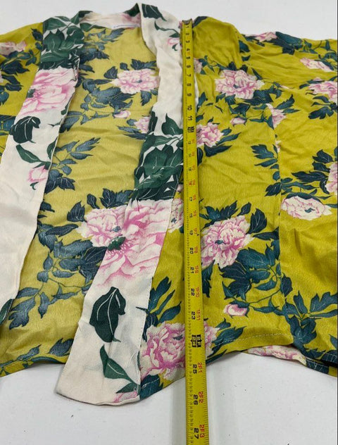 Anthropologie Peony Kimono Yellow Green Floral Open Front Jacket Cardigan