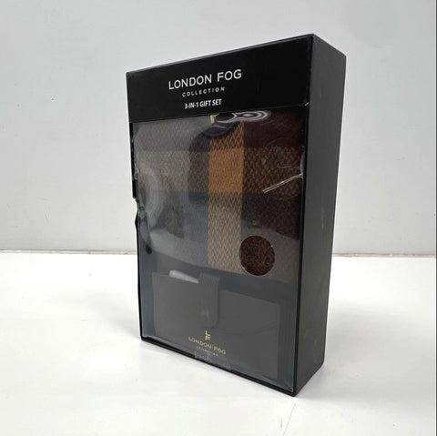 London Fog Men's 3pc Gift Set Plaid Scarf Brown Card Holder Wallet NIB