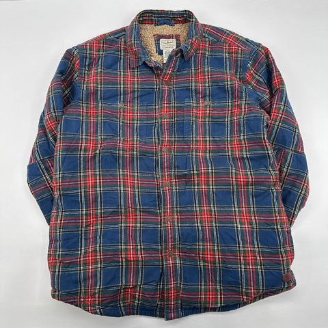 L.L. Bean Men's Sherpa Lined Scotch Plaid Flannel Shirt Jacket Blue Red Sz L