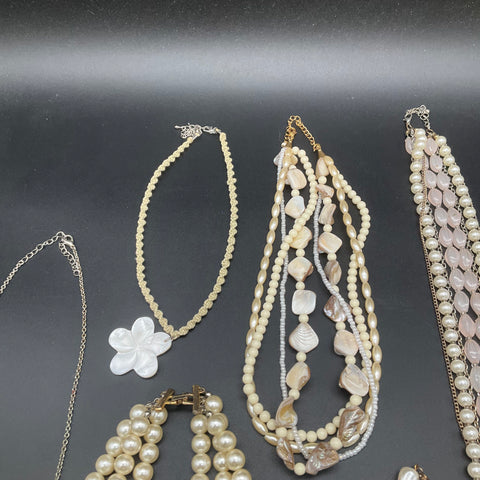 Faux Pearl Shell Beaded Necklace Jewelry Lot of 9 Vintage Style Multi-Strand