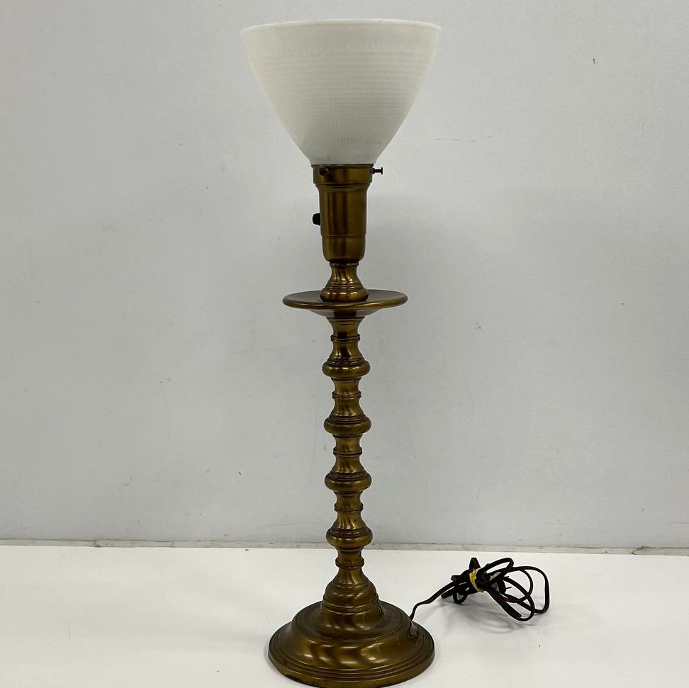 Vintage Brass Spindle Table Lamp Ribbed White Glass Shade 22" Tested Working