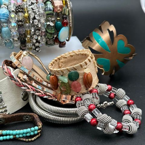 Vintage to Modern Costume Jewelry Lot of 40+ Bracelets Bangles Cuffs Beaded Boho