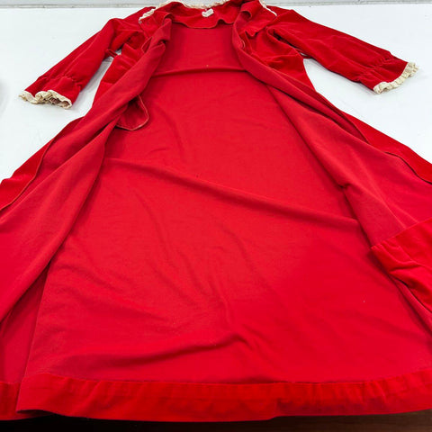 Vintage 70s Raymodes Red Velour Lace Trim Button Front Nightgown Robe Sz NS