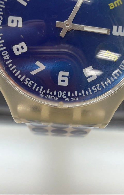 Vintage 2004 Swatch Swiss Quartz Watch Blue Dial AM/PM Indicator Dotted Strap