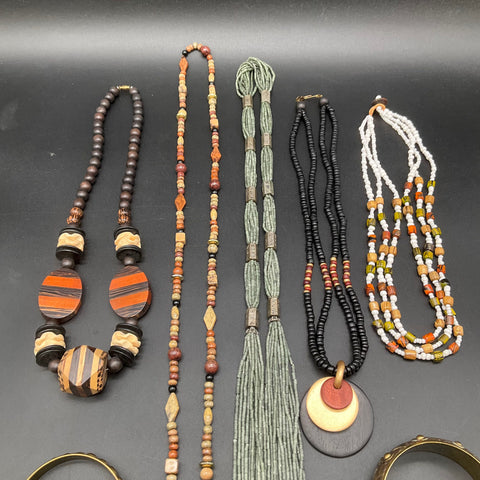 Vintage Boho Artisan Costume Jewelry Lot of 7 Beaded Necklaces Brass Bangles