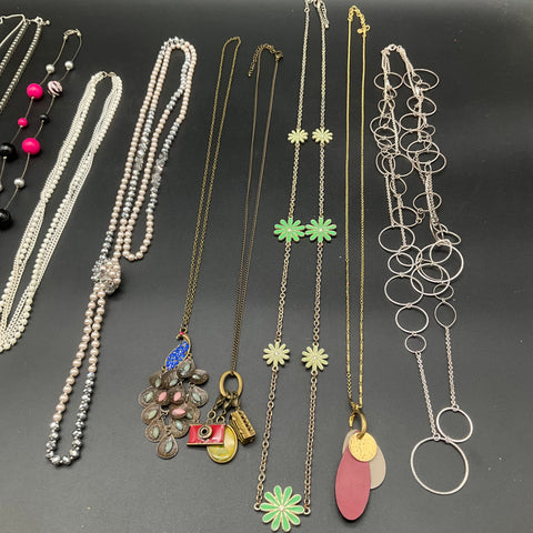 Fashion Costume Jewelry Lot 10 Necklaces Faux Pearl Tassel Floral Peacock