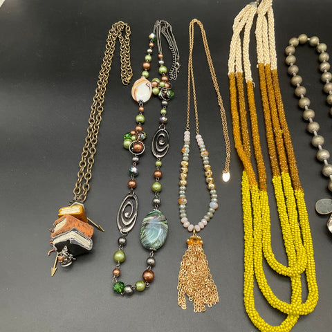Vintage & Modern Costume Jewelry Lot 7 Statement Beaded & Pendant Necklaces Boho