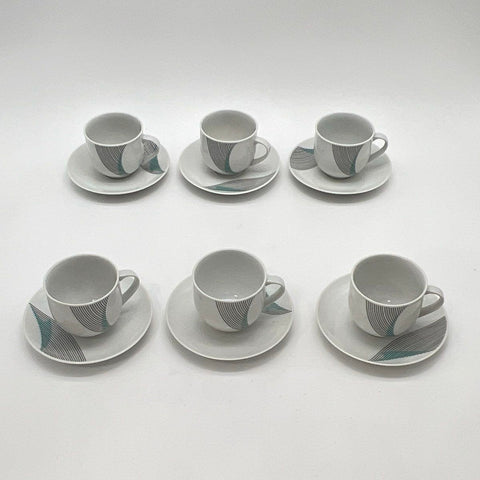 Bohemia Czechoslovakia 12 Piece Set Cups Saucers Abstract Teal Grey MCM Vintage