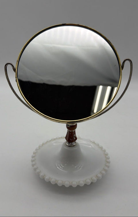 Vintage Swivel Vanity Mirror Hobnail Milk Glass Base Mid Century 11" Tall