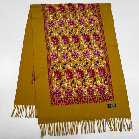 Women's Mustard Yellow Embroidered Floral Cashmere Scarf Fringe Wrap 82x28