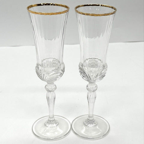 Pressed Glass Gold Rim Champagne Flutes Set of 2 Ribbed Stem 8.75 Inch Vintage