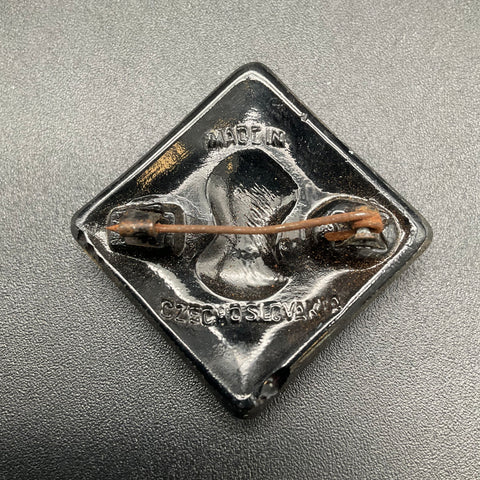 Vintage Czech Black Glass Cameo Brooch Pin Mercury Art Deco Style 1.25"