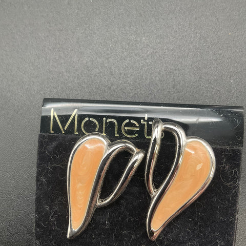 Vintage Monet Silver Tone Peach Enamel Butterfly Brooch & Earring Set