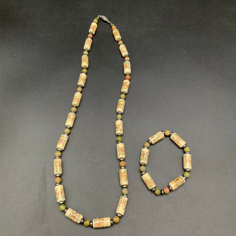Vintage Chinese Export Style Hand Painted Porcelain & Unakite Necklace Set