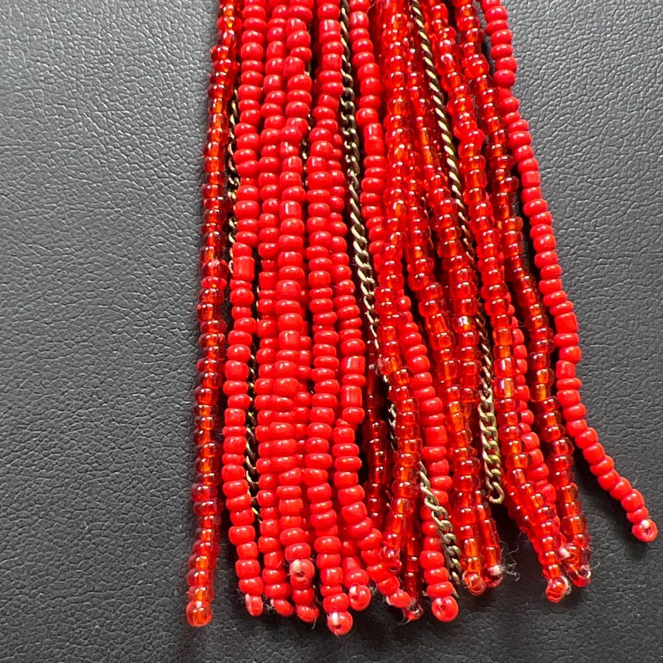 Gold Tone & Red Seed Bead Tassel Necklace