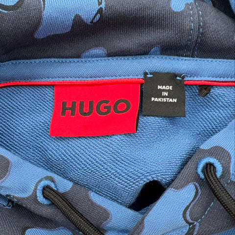 HUGO Men's Blue Hoodie Camo Lined Hood Logo Patch Pullover Sweatshirt Sz XL