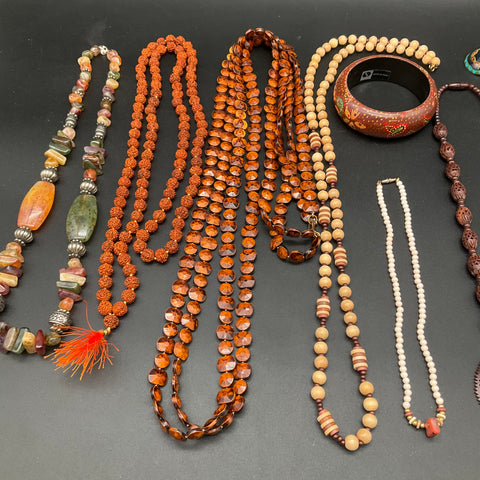 Vintage to Modern Boho Ethnic Jewelry Lot 9pc Wooden Beaded Shell Necklaces