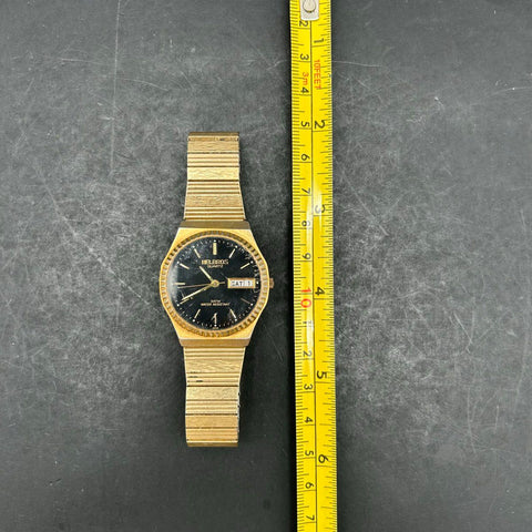 Vintage 90s Helbros Quartz Watch Gold Tone Day Date Speidel Band