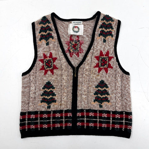 Christopher & Banks Women's Christmas Sweater Vest Tan Hand Embroidered Zip Up