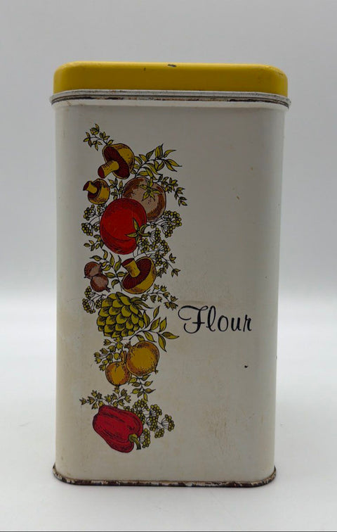Cheinco Vintage Flour Tin Canister Metal Vegetable Mushroom Motif Yellow Lid