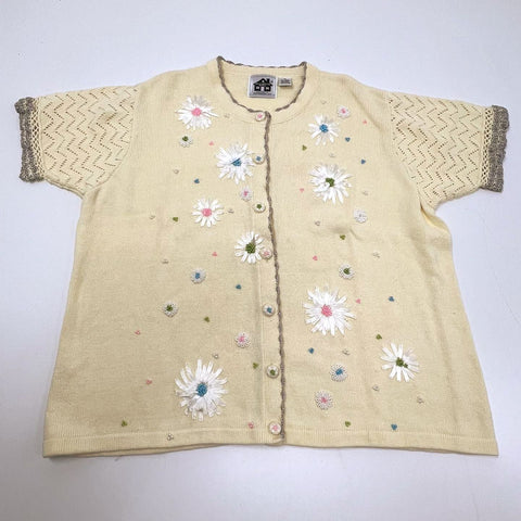 Vintage Y2K Storybook Knits Cream Daisy Embroidered Beaded Cardigan Women's 3X