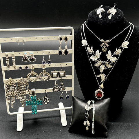 Silver Tone Rhinestone Costume Jewelry Lot 22pc Necklaces Earrings Bracelets