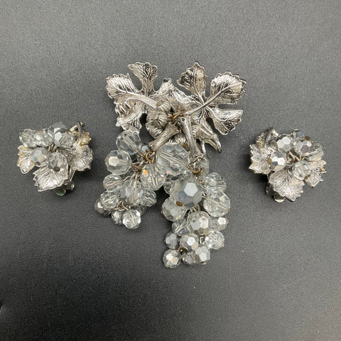 Vintage Silver Tone Crystal Grape Cluster Brooch & Clip-On Earrings Set
