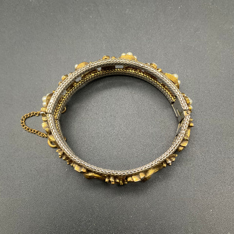 Vintage Florenza Gold Tone Faux Pearl Hinged Bangle Bracelet Floral 7"