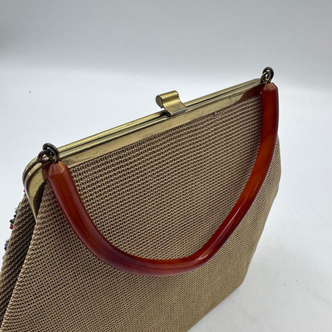 Vintage 1950s Soure Bag New York Tan Beaded Floral Lucite Handle Handbag Purse