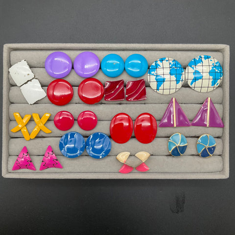 Vintage 1980s Costume Jewelry Lot of 21 Pairs Earrings Metal Enamel Bold Geo