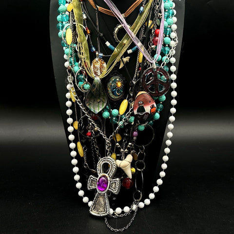 Mixed Fashion Necklace Lot Ankh Shark Tooth Peace Sign Celestial Beaded 20+ Pc