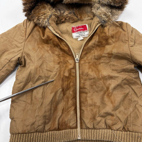 Vintage Cesarino Kids Coat Tan Brown Made in Italy Fur Trim Padded Jacket Sz 4