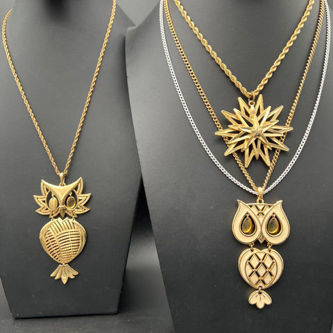 Vintage ALAN Gold Tone Articulated Owl Starburst Pendant Necklace Lot of 3