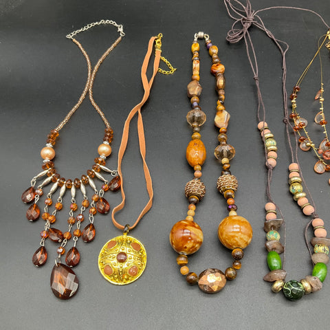 Boho Beaded Statement Necklace Lot of 8 Earthy Stone Wood Shell Pendant Designs