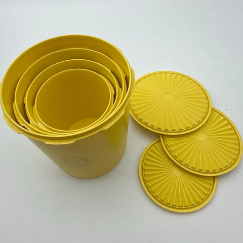 Tupperware Yellow Canister Set 7pc Vintage Floral Scroll Design Sunburst Lids
