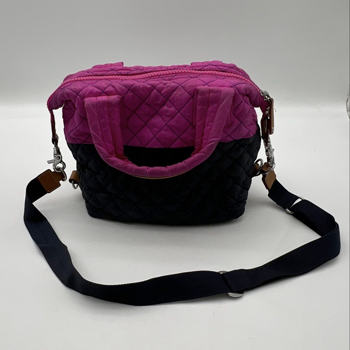 MZ Wallace Pink Navy Quilted Nylon Small Sutton Satchel Crossbody