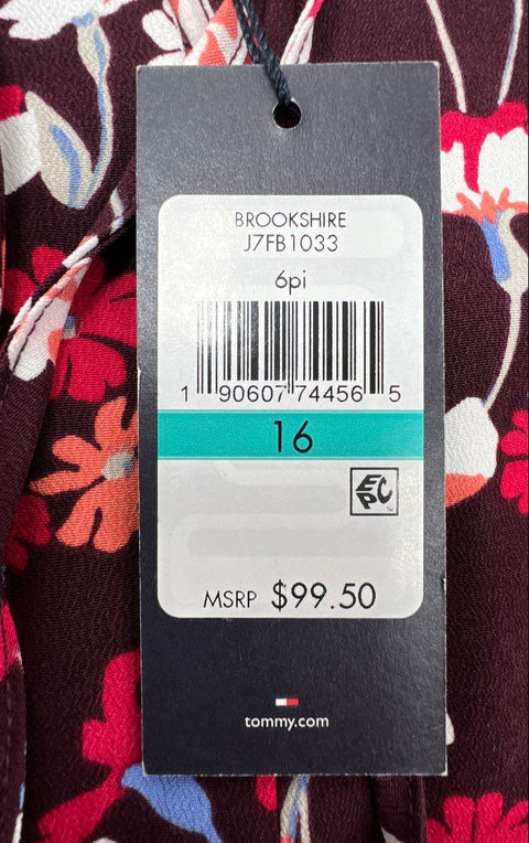 Tommy Hilfiger Women's Brookshire Floral Tie-Neck Dress Maroon Sz 16 NWT