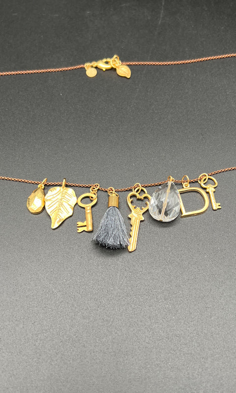 David Aubrey Gold Tone Key Leaf Tassel Charm Cluster Pendant Necklace 34"