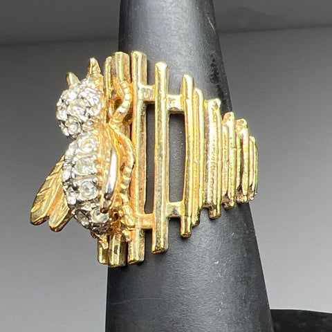 Vintage Jonette FG Gold Plate Rhinestone Bee Statement Ring Cage Band Sz 6.5